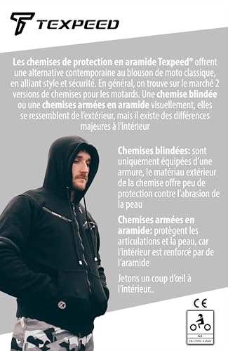 Texpeed Veste à capuche moto pour homme - Protection contre les chocs avec Aramide - Gris noir - 3XL