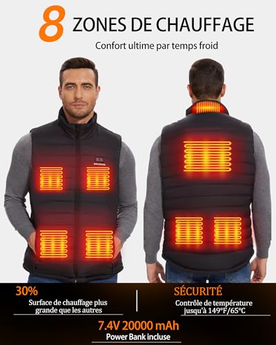 Gilet chauffant HILLSLTR Homme 20000mAh 7.4V 8 zones 3 niveaux chaleur plein air