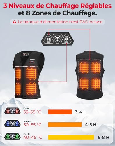 Gilet Chauffant KEMIMOTO Homme Femmes | Veste Chauffante Réglable 8 Zones | Travailler en Plein Air Hiver | Ski Chasse M