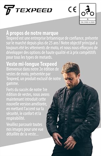 Texpeed Veste Moto Homme Homologuée CE Imperméable 8XL Protection Armure Hiver/Eté Noir