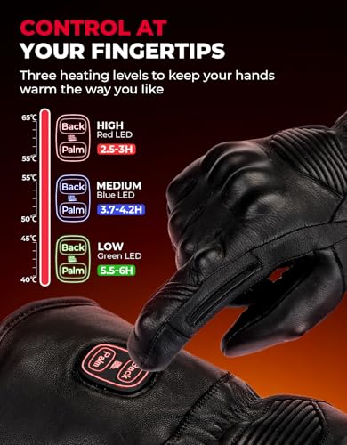 Gants Chauffants en Cuir KEMIMOTO - Contrôle Double Zone - 3 Niveaux de Chaleur - Coque en PVC