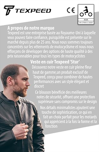 Texpeed Blouson de moto en cuir CE certifié - Protection biker EN 1621-1 Noir XXL pour homme